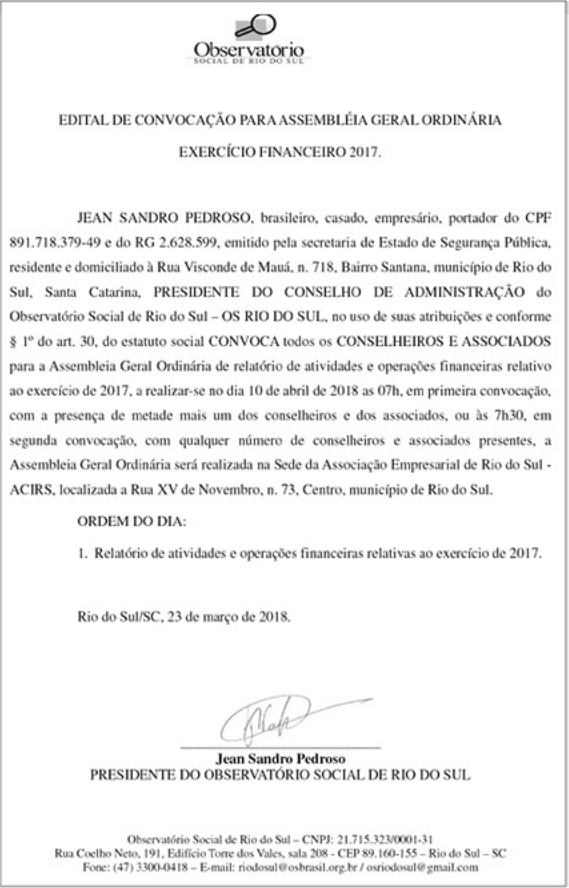 EDITAL DE CONVOCAÇÃO PARA ASSEMBLÉIA GERAL ORDINÁRIA EXERCÍCIO FINANCEIRO 2017